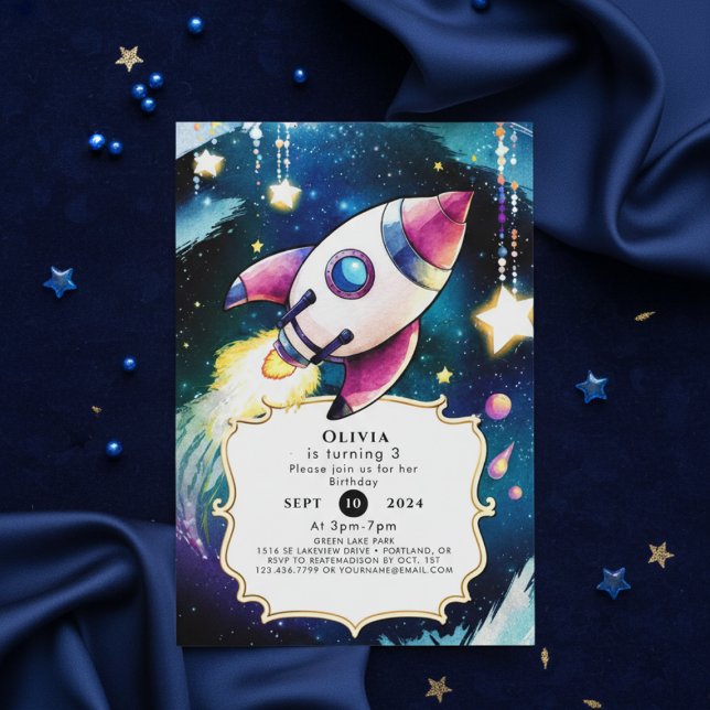 Convites Watercolor Meteor Rocket Birthday (Criador carregado)