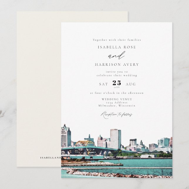 Convites Watercolor Milwaukee Wisconsin Skyline Wedding (Frente/Verso)