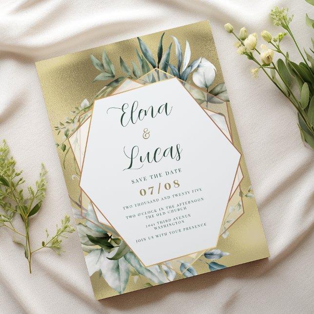 Convites Watercolor mint gold foliage geometric wedding (Watercolor mint gold foliage geometric wedding)