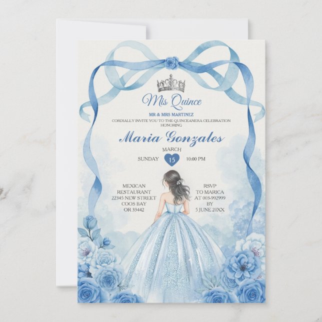 Convites Watercolor Mis Quince Dusty Blue Quinceañera (Frente)