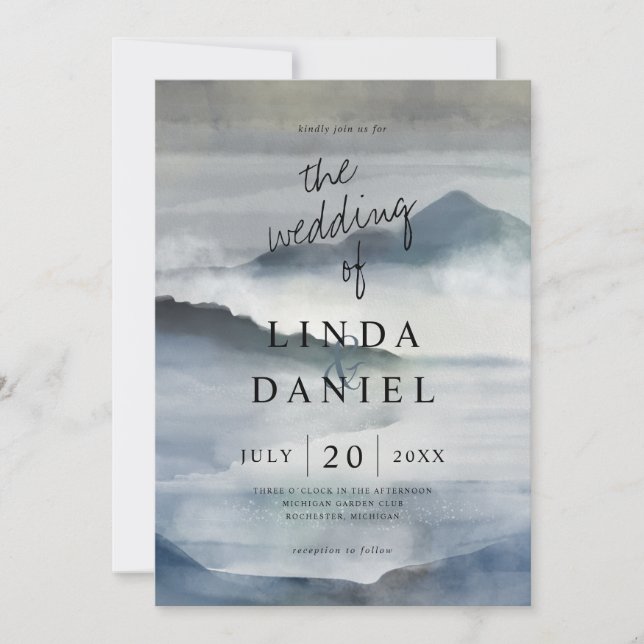 Convites Watercolor Mistura Montanhas Indígo Casamento Azul (Frente)