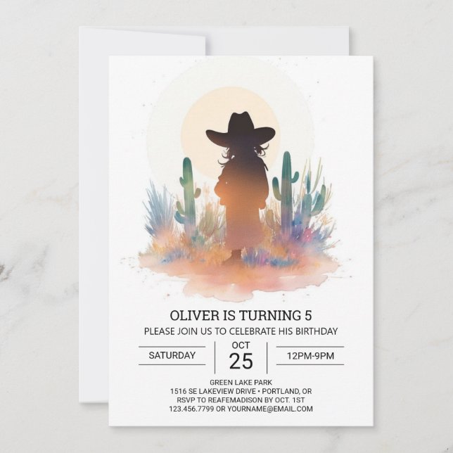 Convites Watercolor Modern Cowboy Birthday (Frente)