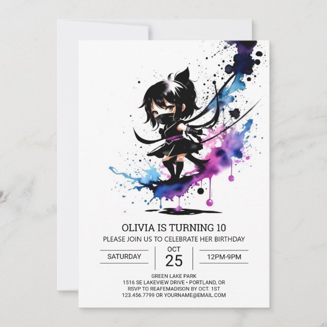 Convites Watercolor Modern Ninja Girl Birthday (Frente)