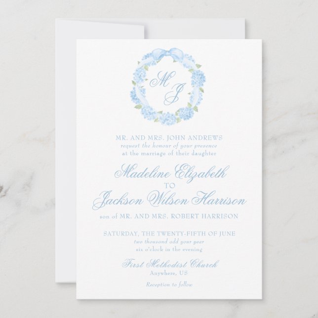 Convites Watercolor Monograma Blue Hydrangea Wreath Casamen (Frente)