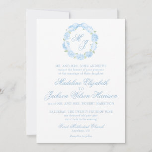 Convites Watercolor Monograma Blue Hydrangea Wreath Casamen