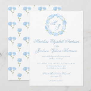 Convites Watercolor Monograma Blue Hydrangea Wreath Casamen