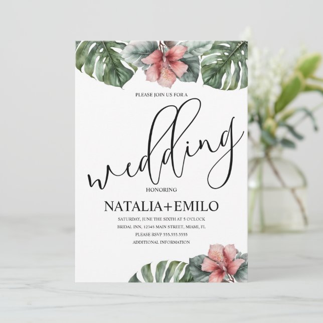 Convites Watercolor Monstera Branch Greenery Casamento (Em pé/Frente)