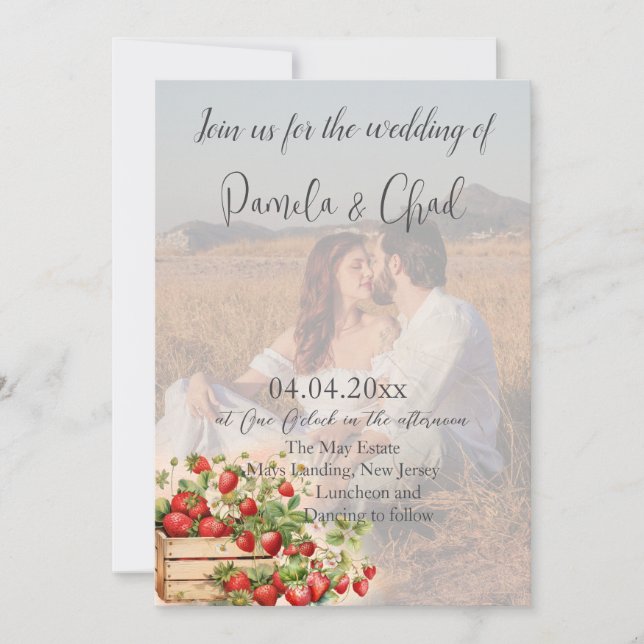 Convites Watercolor Morangos Foto QR Code Casamento (Frente)