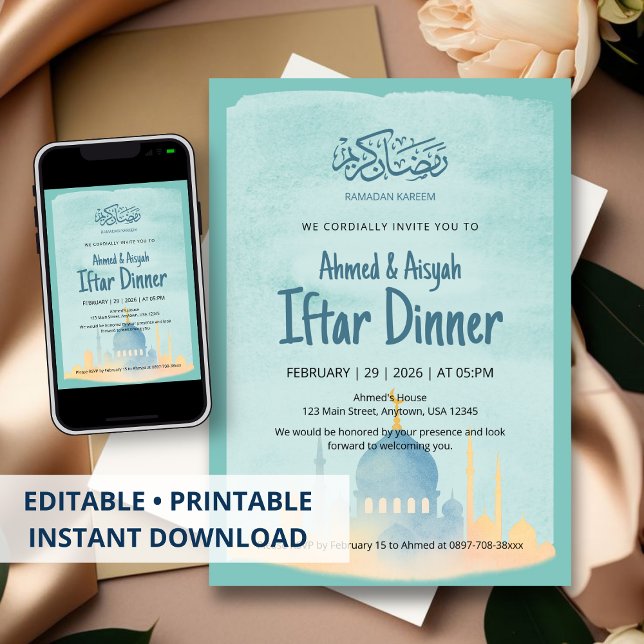 Convites Watercolor Mosque Ramadan Iftar Party Invitation (Criador carregado)