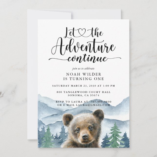 Convites Watercolor Mountain Forest Boy First Birthday (Frente)