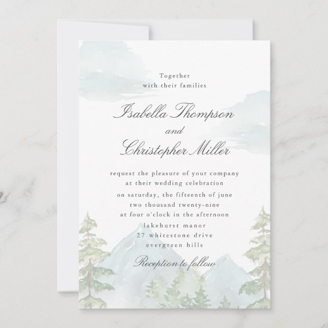 Convites Watercolor Mountain Forest Wedding Invitation (Frente)