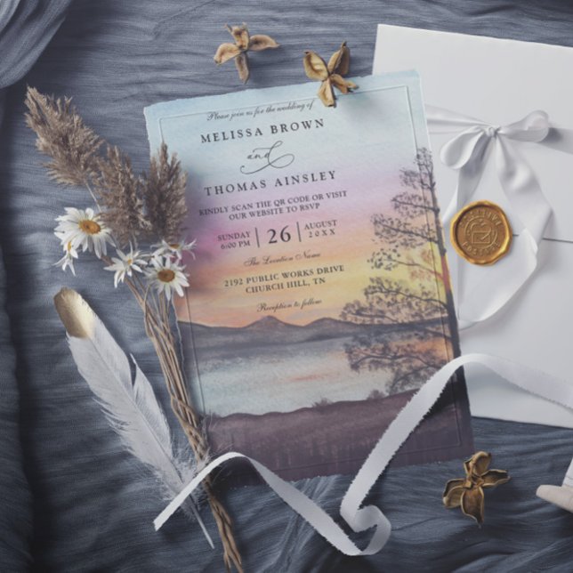 Convites Watercolor Mountain Lake View QR Code Wedding (Criador carregado)