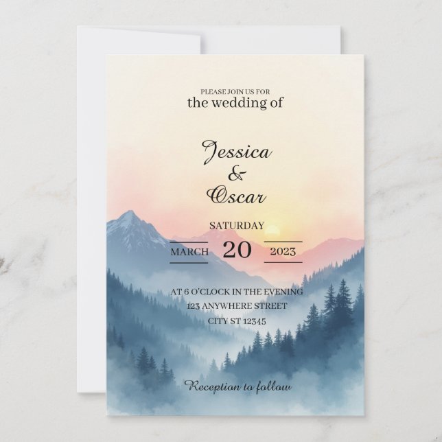 Convites Watercolor Mountain Sunrise Wedding Invitation (Frente)