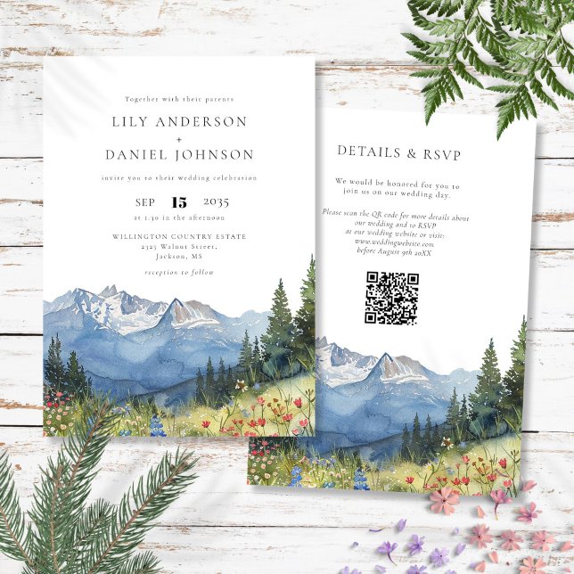 Convites Watercolor Mountain Wildflower Código QR Casamento (Watercolor Mountain Wildflower QR Code Wedding Invitation)