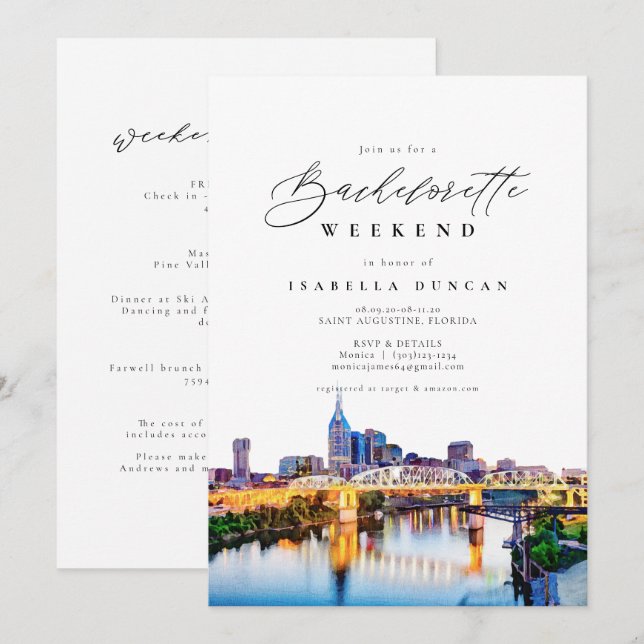 Convites Watercolor Nashville Bachelorette Itinerary e (Frente/Verso)