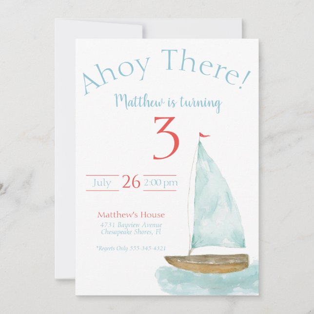 Convites Watercolor Nautical Sailboat Birthday  (Frente)