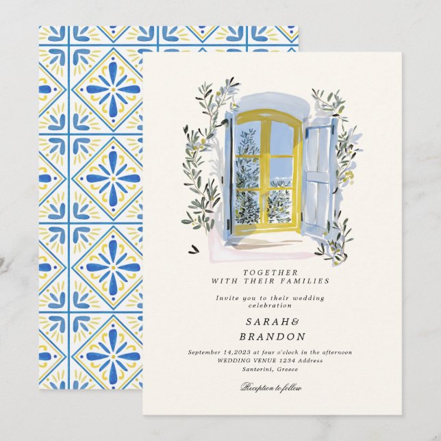 Convites Watercolor Olive Blue tile Greece Wedding  Invitat (Frente/Verso)