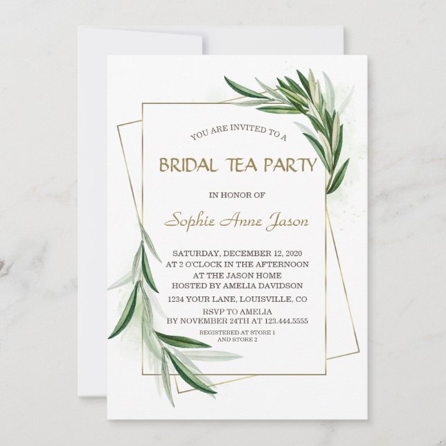 Convites Watercolor Olive Deixa Dourada Bridal Tea Party (Frente)