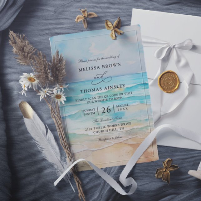Convites Watercolor On The Beach Budget QR Code Wedding (Criador carregado)