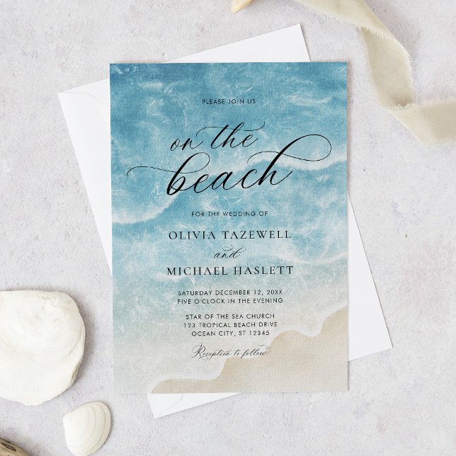 Convites Watercolor On the Beach Elegant Script Wedding (Criador carregado)