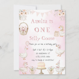 Convites Watercolor One Silly Goose Pink Gingham Birthday