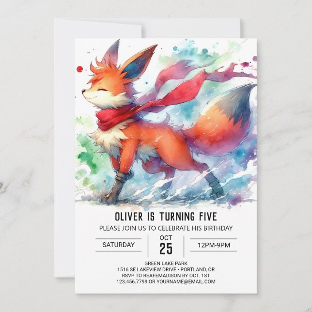 Convites Watercolor Online Fox Birthday (Frente)