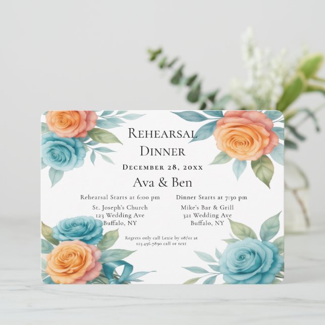 Convites Watercolor orange and Teal Rehearsal Dinner (Em pé/Frente)