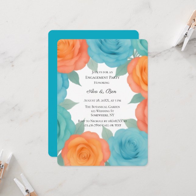 Convites Watercolor Orange and Teal Roses Engagement Party (Frente/Verso In Situ)