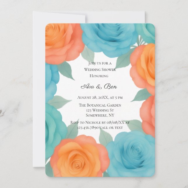 Convites Watercolor Orange and Teal Roses Wedding Shower (Frente)