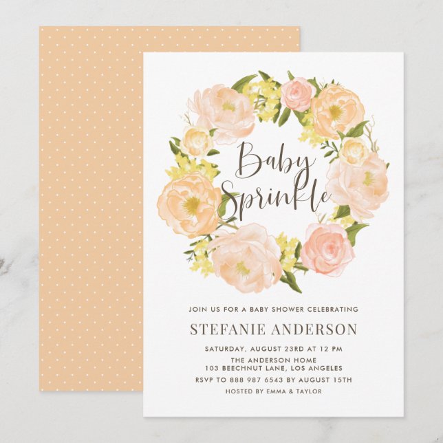 Convites Watercolor Orange Peony Wreath Baby Sprinkle (Frente/Verso)