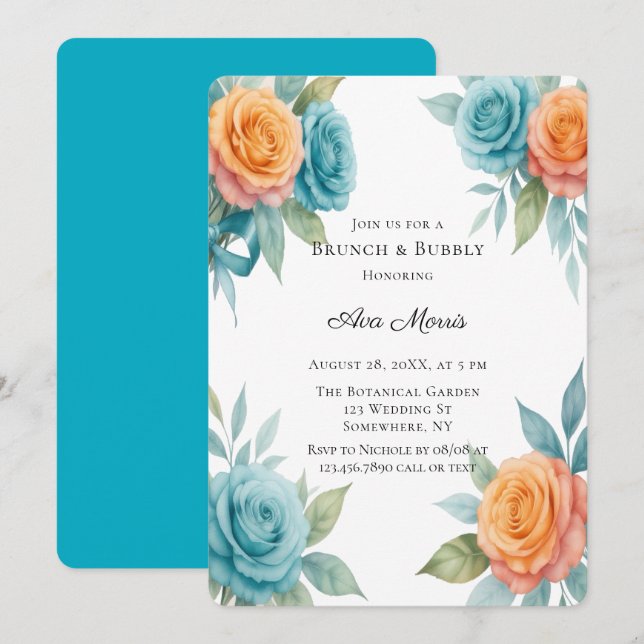 Convites Watercolor Orange & Teal Roses Brunch and Bubbly (Frente/Verso)