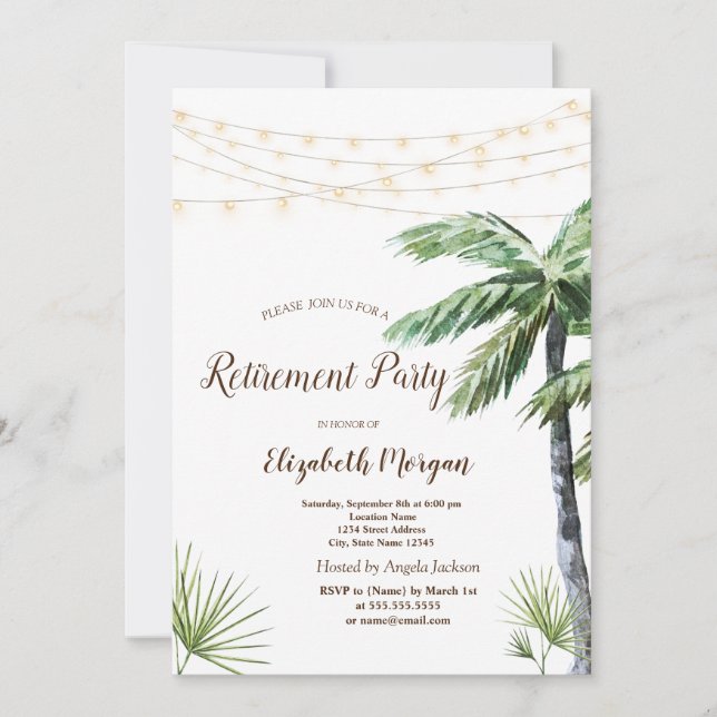 Convites Watercolor Palm String Lights Retirement Party (Frente)