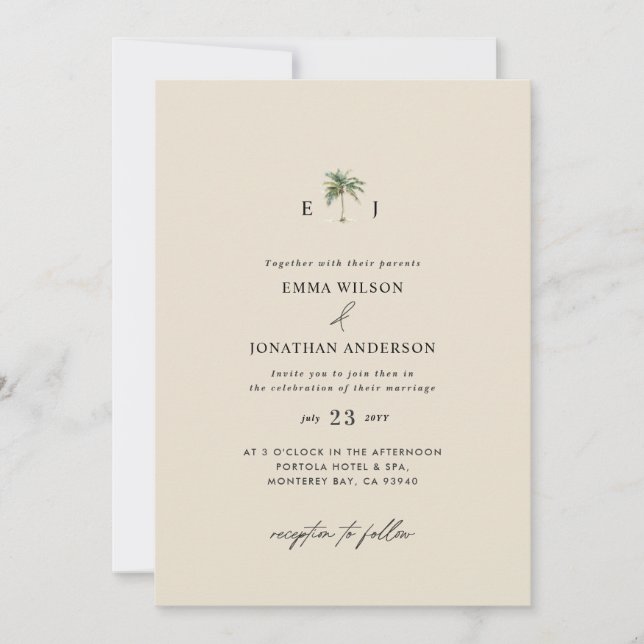 Convites Watercolor Palm Tree Destination coastal Wedding  (Frente)