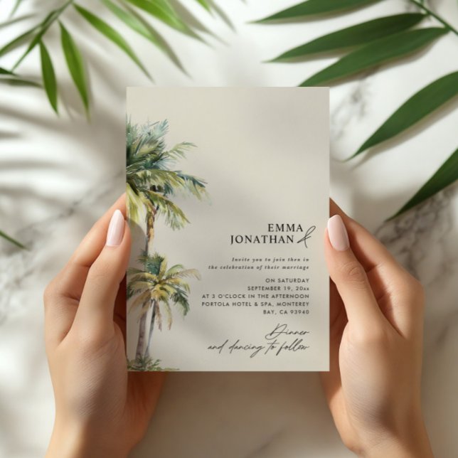 Convites Watercolor Palm Tree Destination coastal Wedding  (Criador carregado)