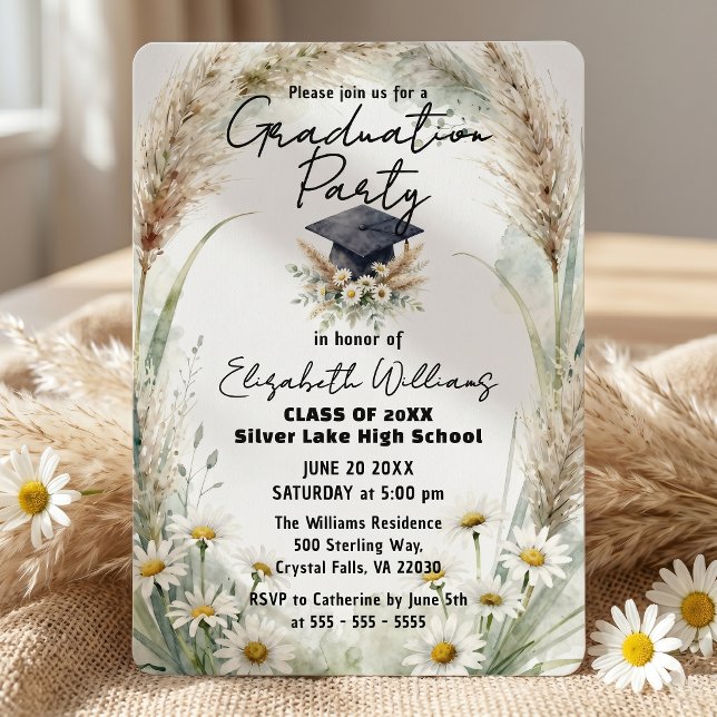 Convites Watercolor Pampas Grass Daisies Graduation Party (Criador carregado)