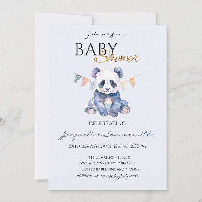 Convites Watercolor Panda bear Baby Shower (Frente)