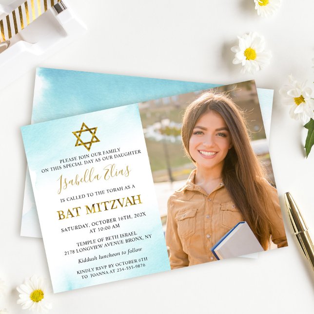 Convites Watercolor Pastel Blue Bat Mitzvah Foto (Criador carregado)