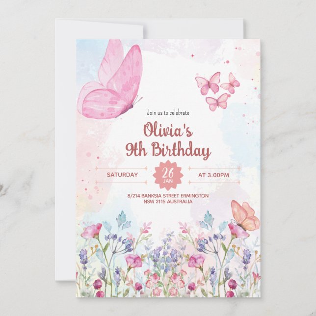 Convites Watercolor Pastel Butterfly Birthday Invitation (Frente)