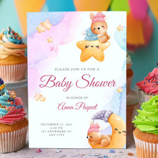 Convites Watercolor Pastel Cute Teddy Bear Baby Shower