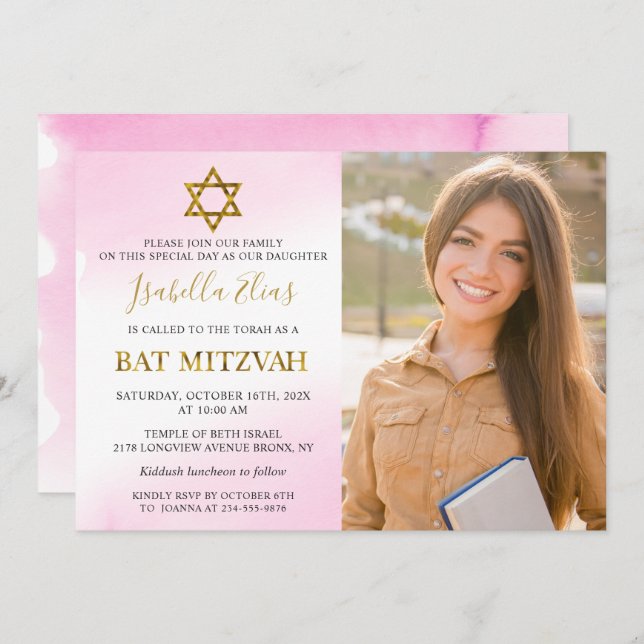 Convites Watercolor Pastel Pink Dourado Bat Mitzvah Foto (Frente/Verso)