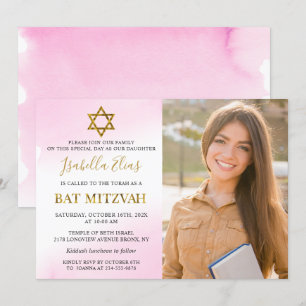 Convites Watercolor Pastel Pink Dourado Bat Mitzvah Foto