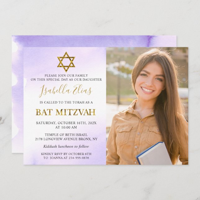 Convites Watercolor Pastel Purple Dourado Bat Mitzvah Foto (Frente/Verso)