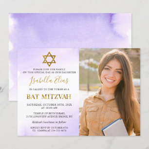 Convites Watercolor Pastel Purple Dourado Bat Mitzvah Foto