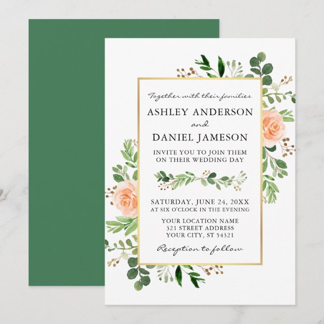 Convites Watercolor Peach Rosa Greenery Wedding (Frente/Verso)