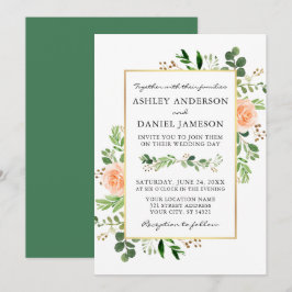 Convites Watercolor Peach Rosa Greenery Wedding