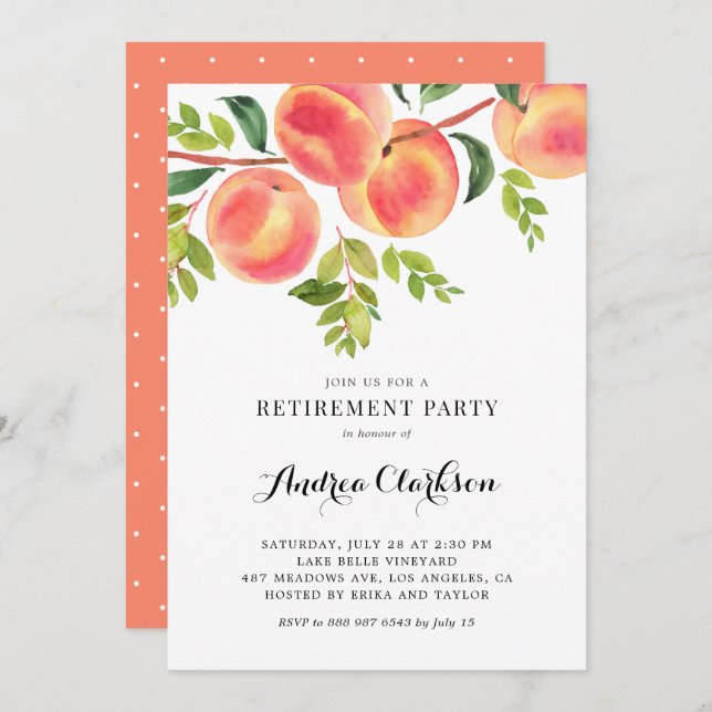 Convites Watercolor Peaches Summer Retirement Party (Frente/Verso)
