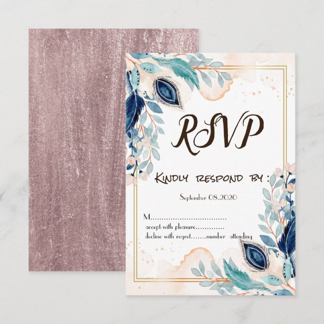 Convites Watercolor Peacock Floral RSVP (Frente/Verso)