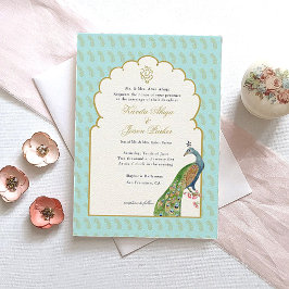 Convites Watercolor Peacock & Ganesh em Casamento dourado