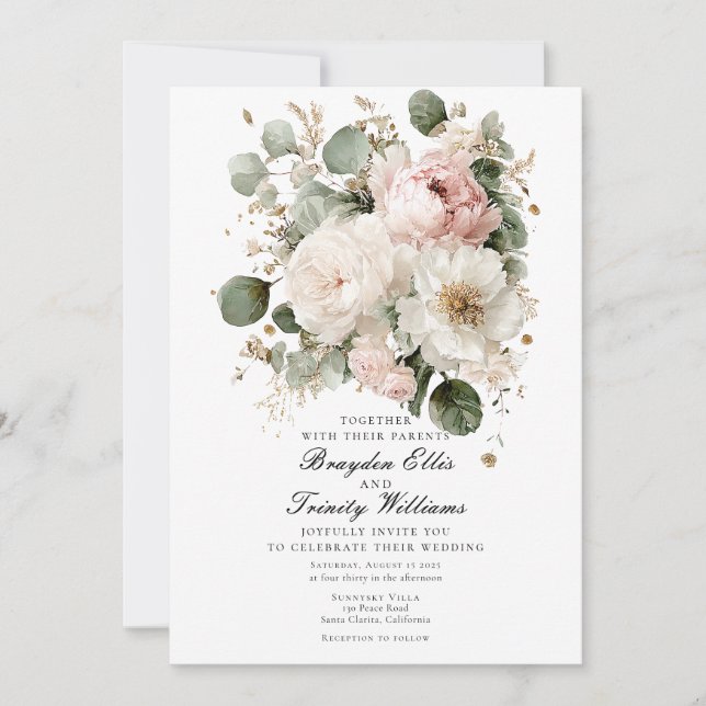 Convites Watercolor peonies elegant wedding invitation (Frente)