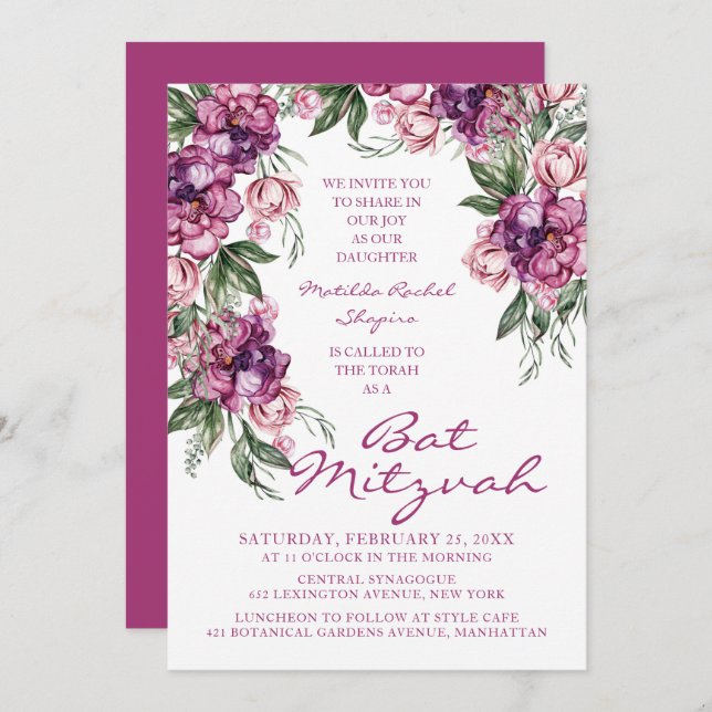 Convites Watercolor Peony Bat Mitzvah Modern Floral (Frente/Verso)